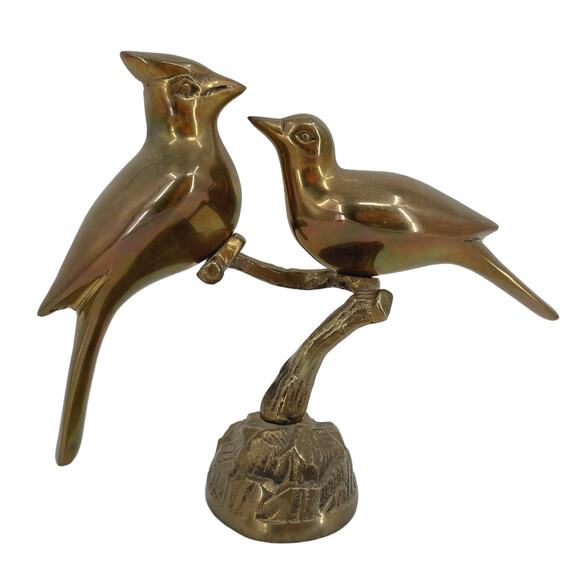 Brass Cardinals Jays On Branch Figurine Winter Holiday Cabin Rustic Style Decor - Picture 1 of 14